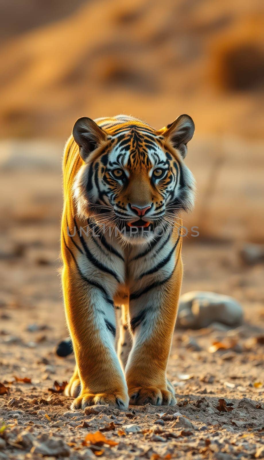 A tiger strides confidently across the sandy terrain, its vibrant orange fur illuminated by the warm glow of sunset. The stripes contrast beautifully against the natural backdrop.