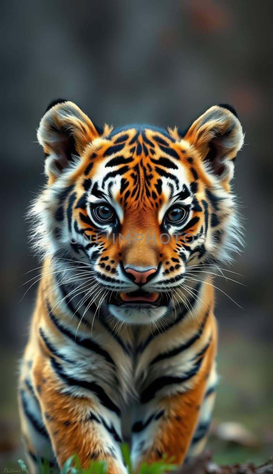 A young tiger cub sits gracefully on the grass, showcasing its striking orange and black stripes.