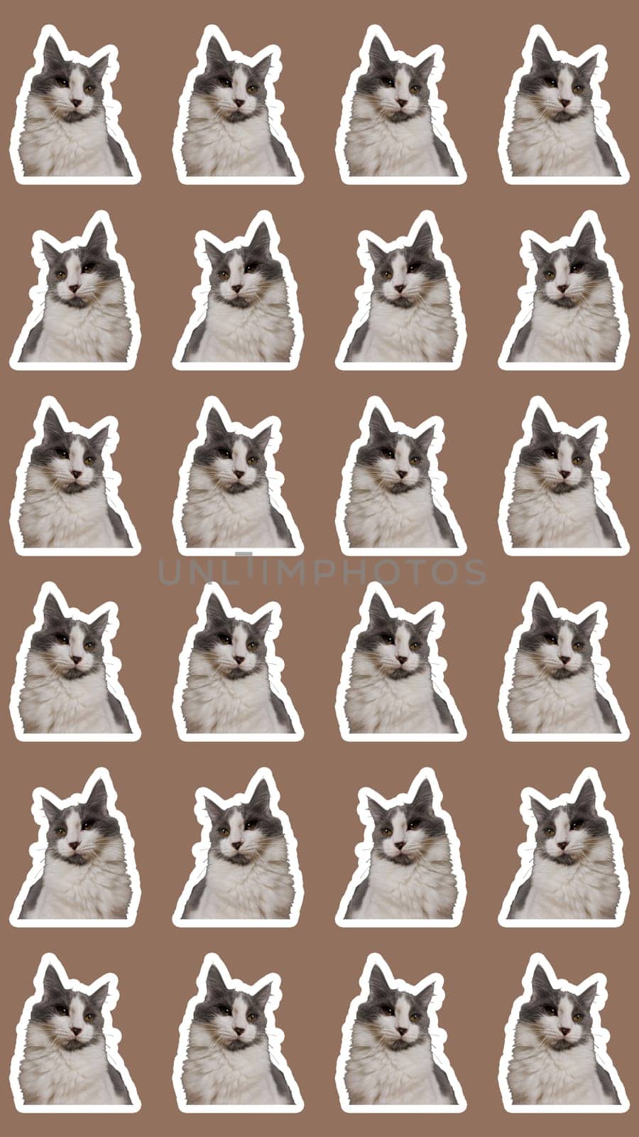 collage cat Funny cat's heads on Mocha Mousse background. Seamless repeating pattern. Digital collage.