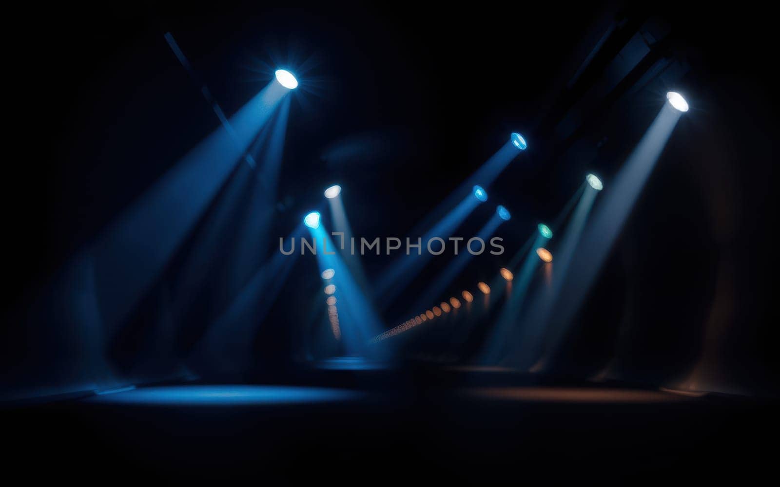 A series of bright light beams cut through the darkness of a corridor, creating a striking contrast. The interplay of blue and orange hues adds intrigue to the nighttime ambiance.