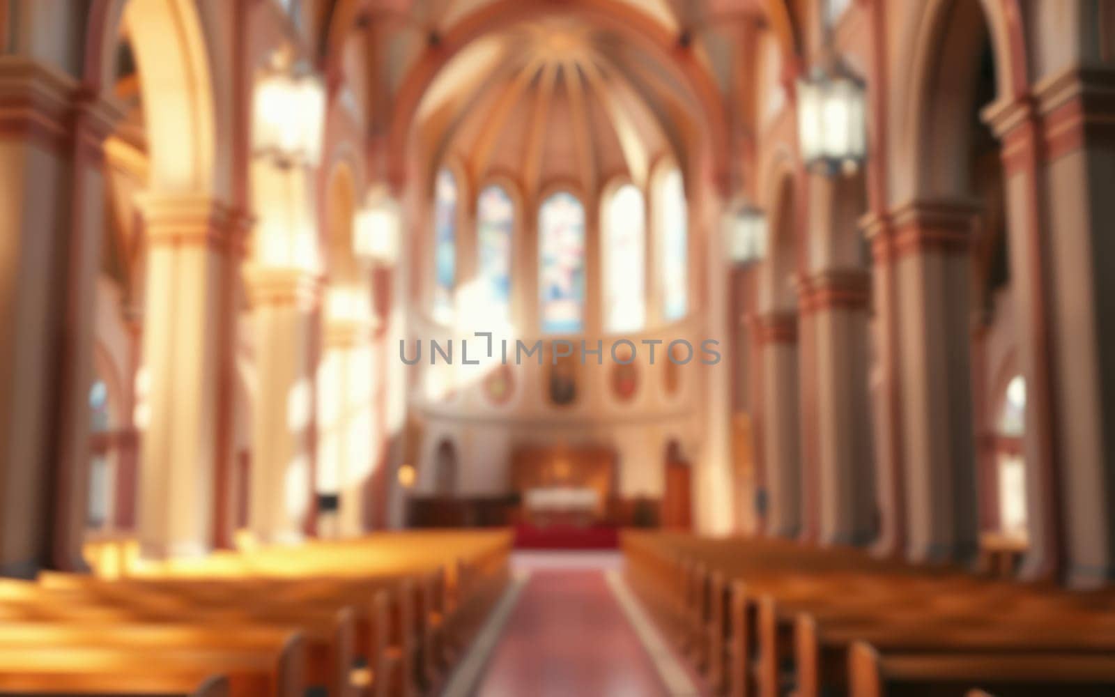Warm sunlight streams through stained glass windows, illuminating the spacious interior of a historic church filled with wooden pews and intricate architectural details.