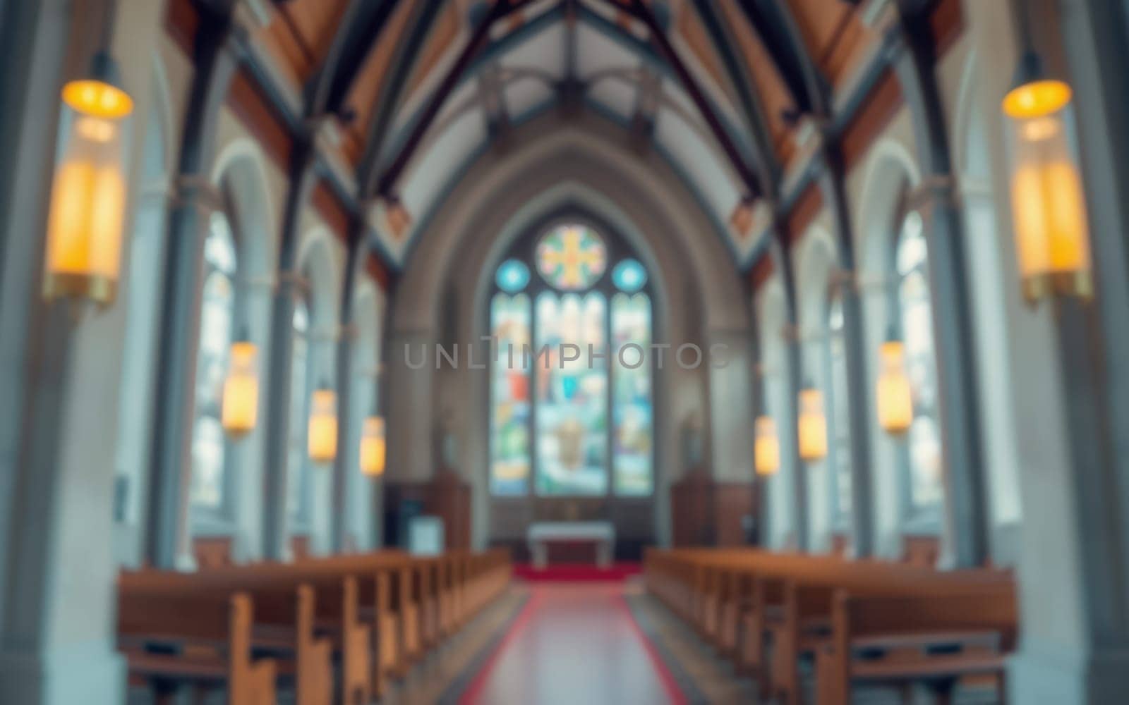 Inside a spacious church filled with natural light, wooden pews line the aisles beside vibrant stained glass windows. The intricate architecture adds to the serene atmosphere, inviting reflection.