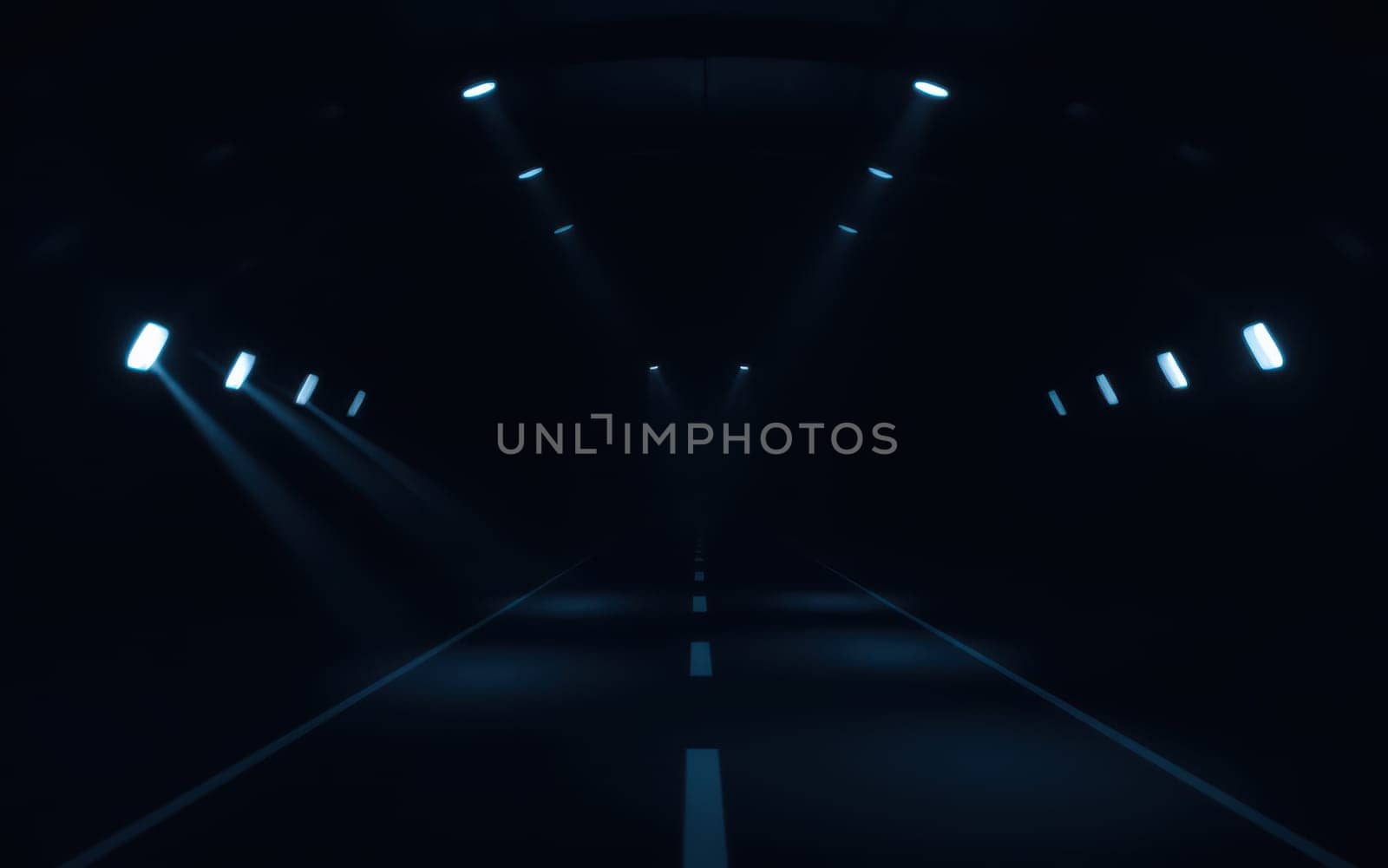A dark tunnel features beams of light cutting through the shadows, highlighting a solitary road. The atmosphere evokes mystery and anticipation as one travels through.
