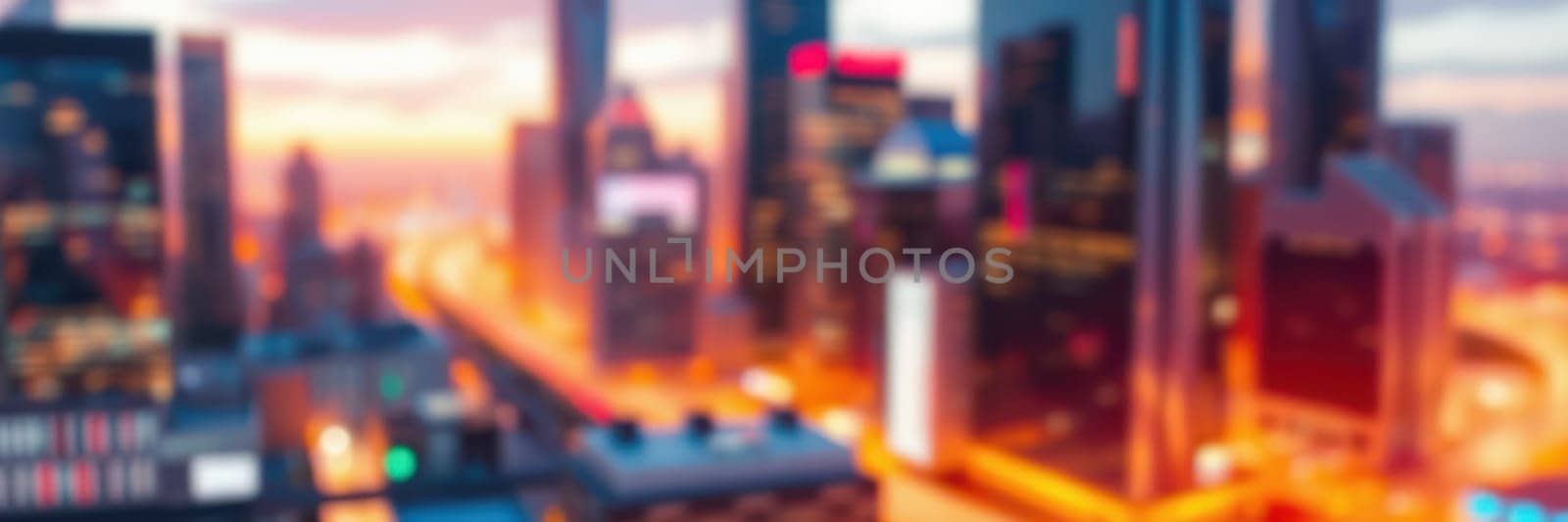 In an urban landscape at dusk, tall buildings emerge in softly blurred shapes as city lights spread a warm glow across the streets, creating a vibrant atmosphere of evening city life.