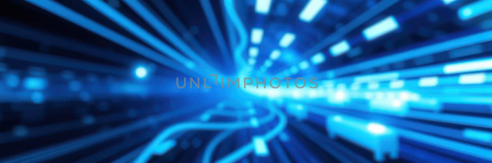 Bright blue light trails emanate in various directions, creating a sense of speed and motion in a digital landscape resembling a futuristic tunnel at night.