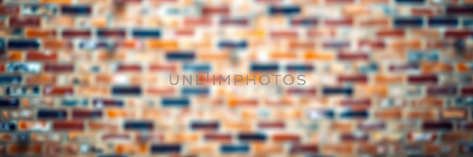 A blurred view of a brick wall showcases diverse colors and textures, evoking a warm, rustic vibe in a bustling city environment, perfect for creative spaces.