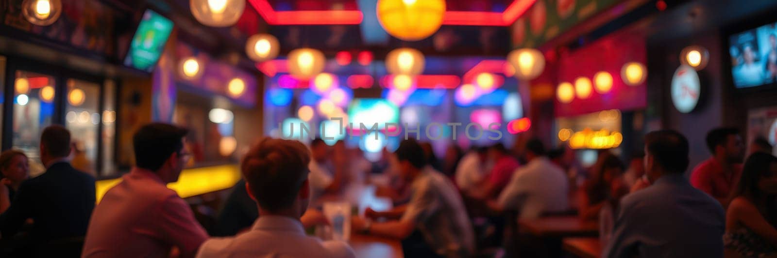 In a bustling bar scene, patrons enjoy drinks and conversation under bright, colorful lights. The atmosphere is filled with energy and lively camaraderie as night falls.