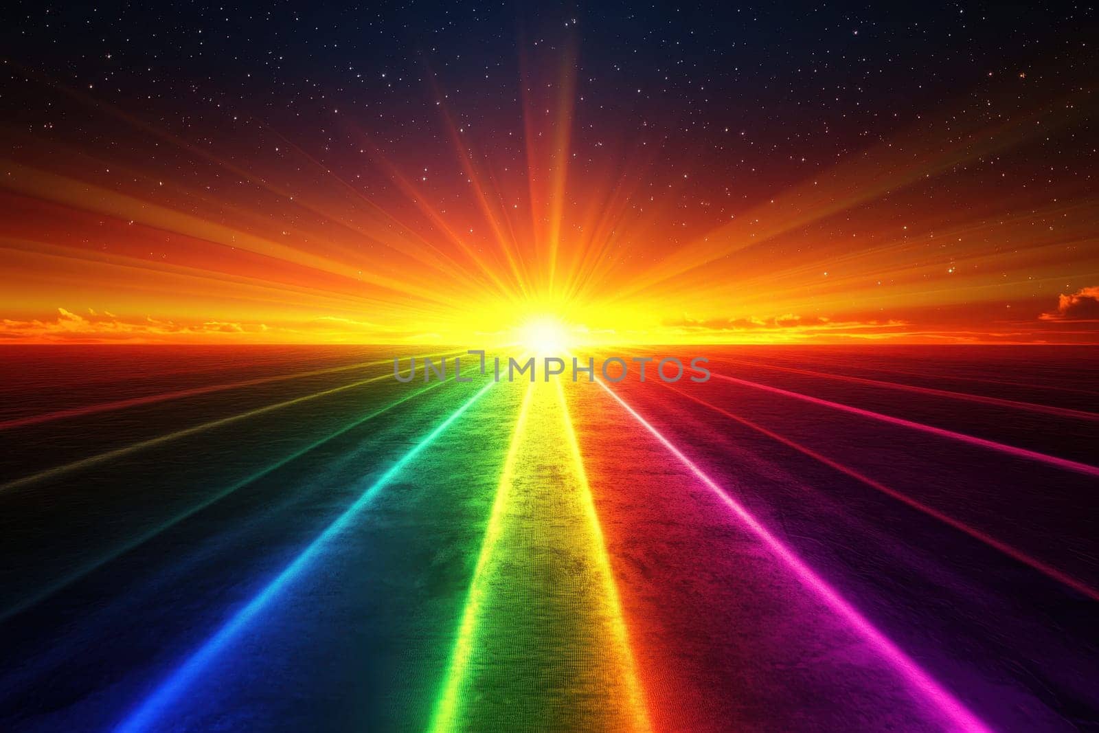A stunning sunset scene featuring vibrant rainbow colors radiating from the horizon, complemented by bright sunbeams under a starry sky, creating a serene atmosphere.
