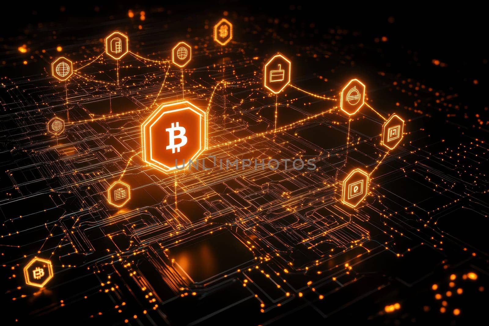This image showcases a digital representation of Bitcoin within a network, highlighting glowing connections against a circuit board background, symbolizing innovation in finance.