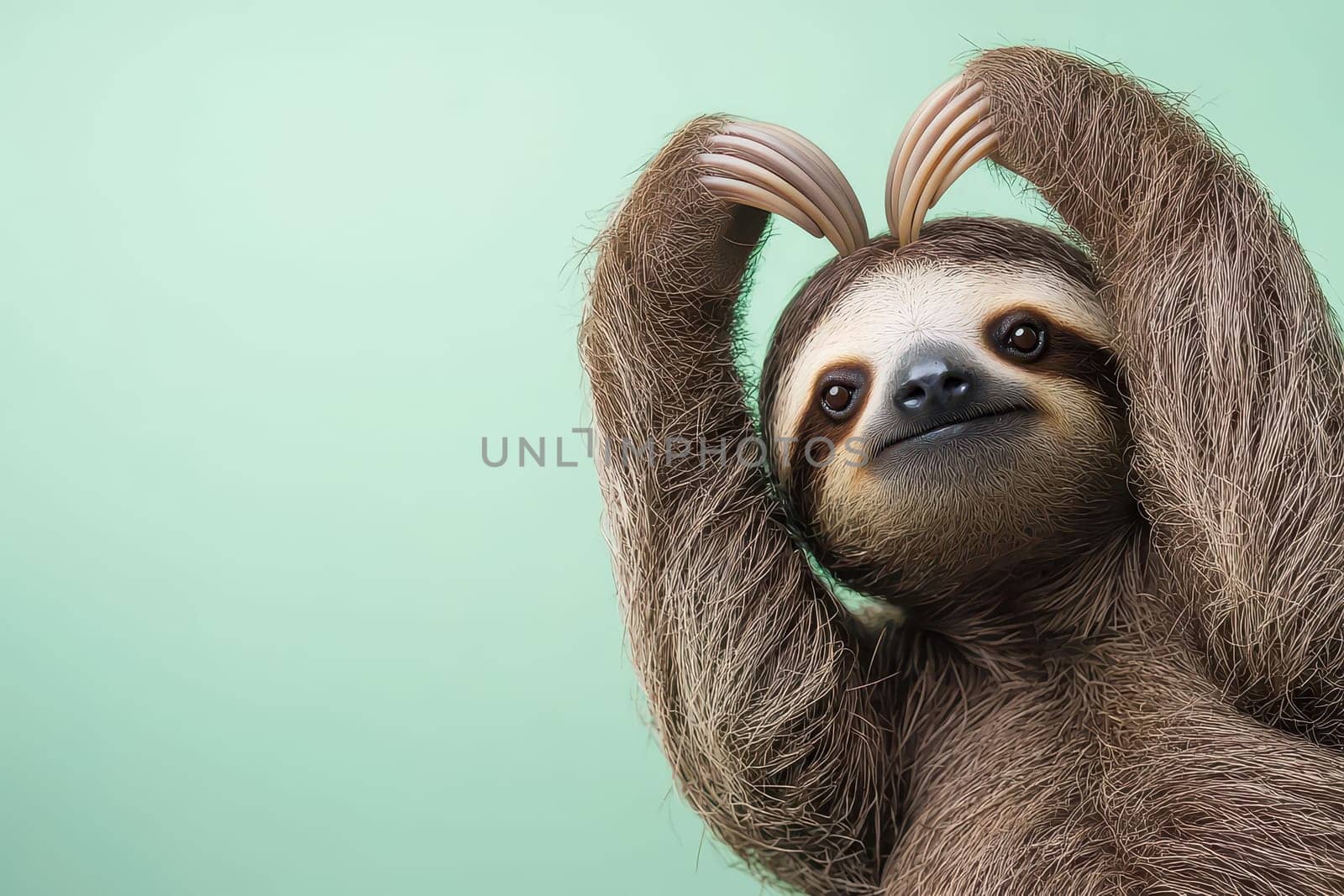 This playful sloth displays a joyful expression against a soft green backdrop, capturing a moment of innocence and charm in nature. Perfect for nature lovers!