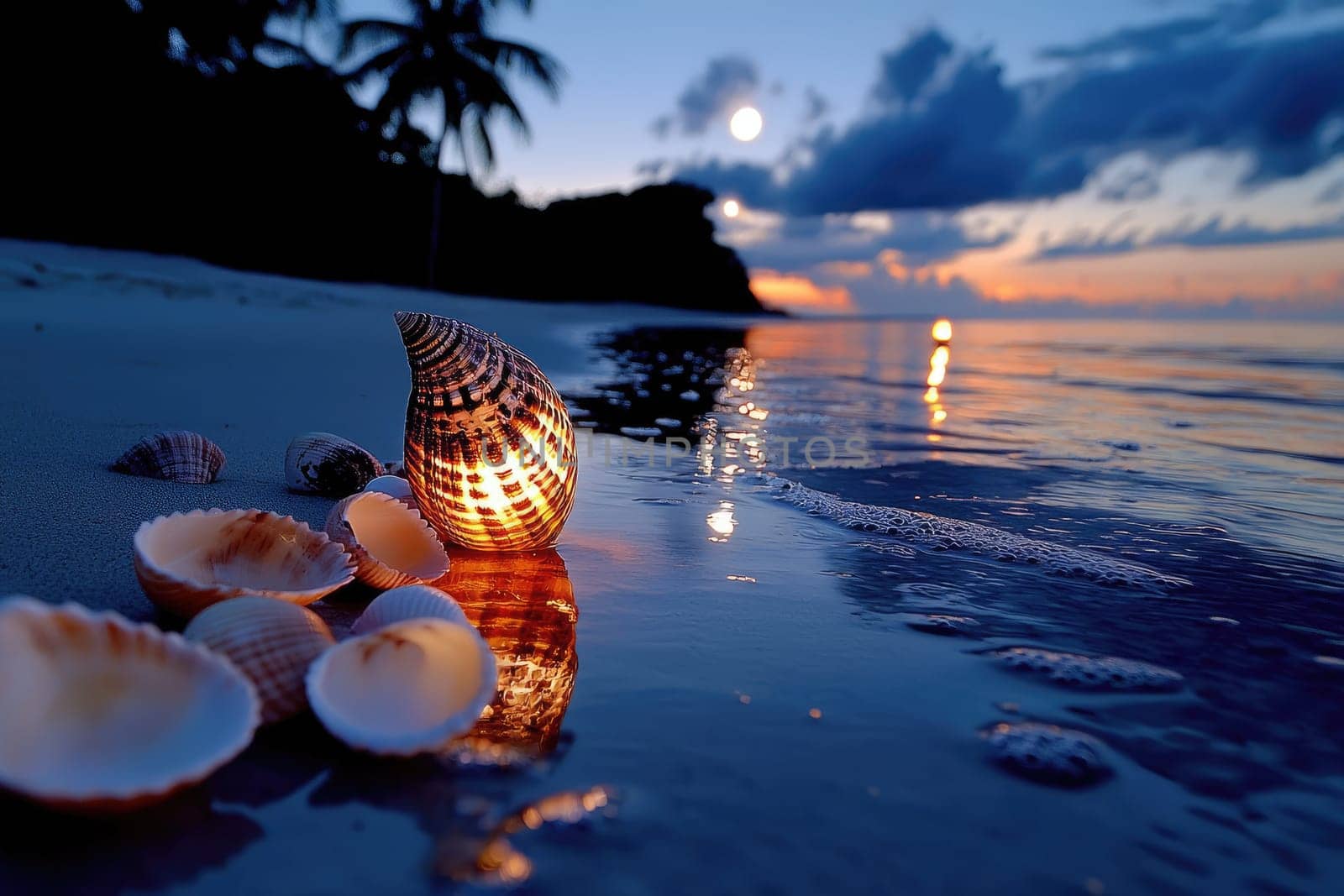 Seashell Treasure: smooth conch, ocean breeze, coastal elegance, shoreline serenity, beachside retreat, calming environment, romantic vibes, sea breeze, nature's artistry