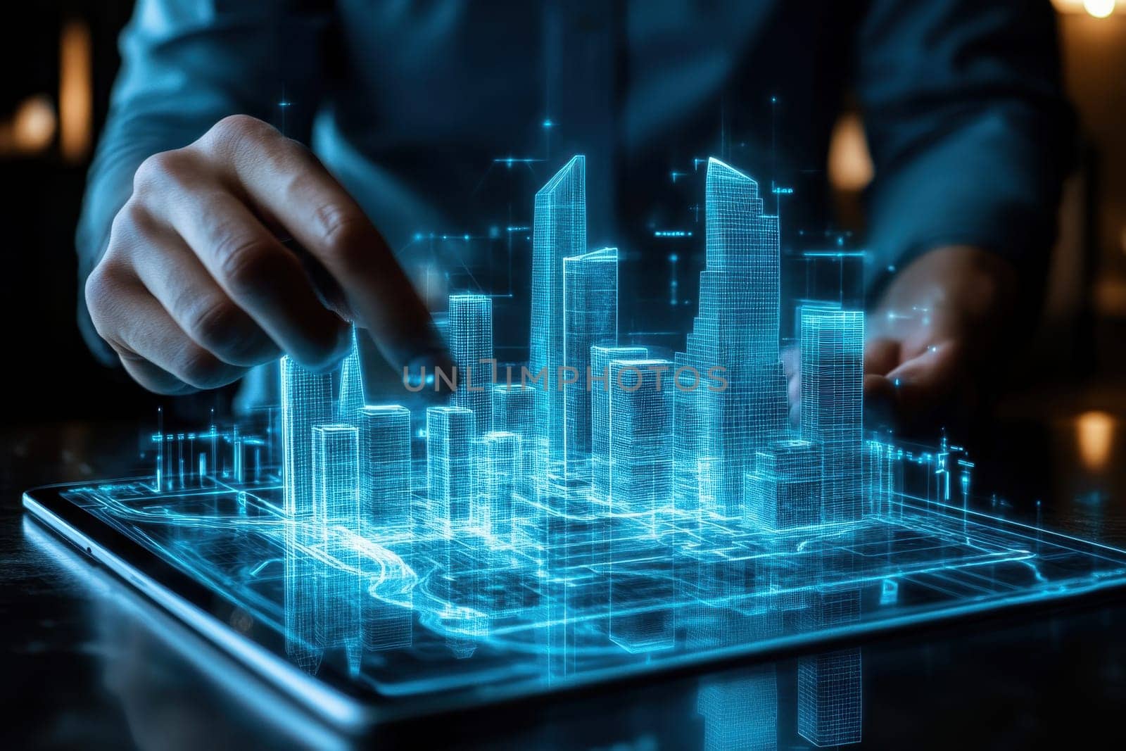 This image showcases a person interacting with a digital tablet displaying a futuristic cityscape in 3D, emphasizing innovation and technology in urban design.