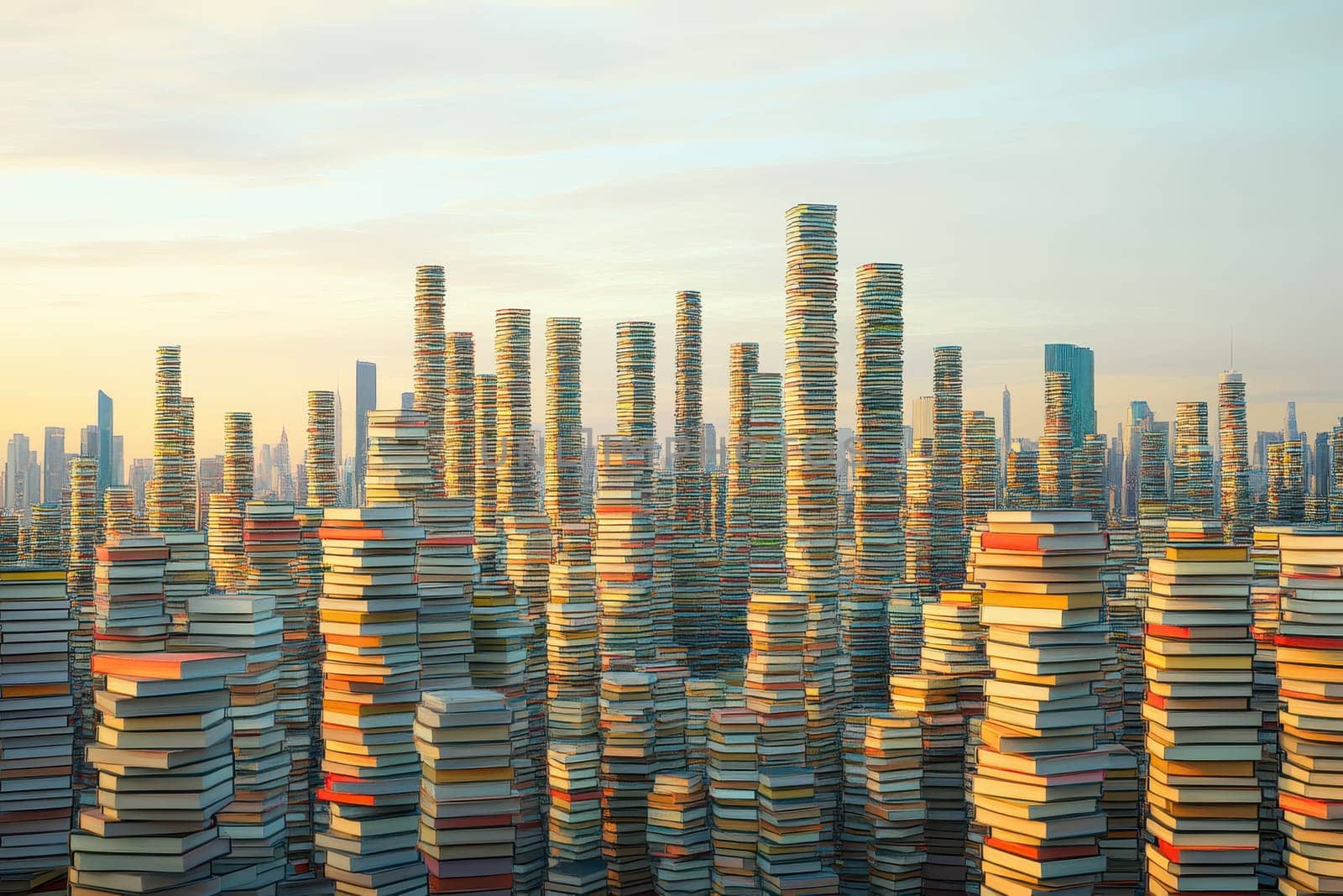 A stunning urban landscape composed of vibrant stacks of books represents the power of knowledge and creativity. The colorful towers rise against a serene sky, symbolizing growth and inspiration.