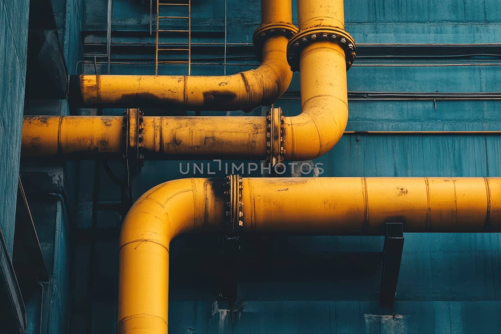 Detailed view of yellow industrial pipes against a blue wall, showcasing textures and geometric patterns. Perfect for urban and architectural themes.