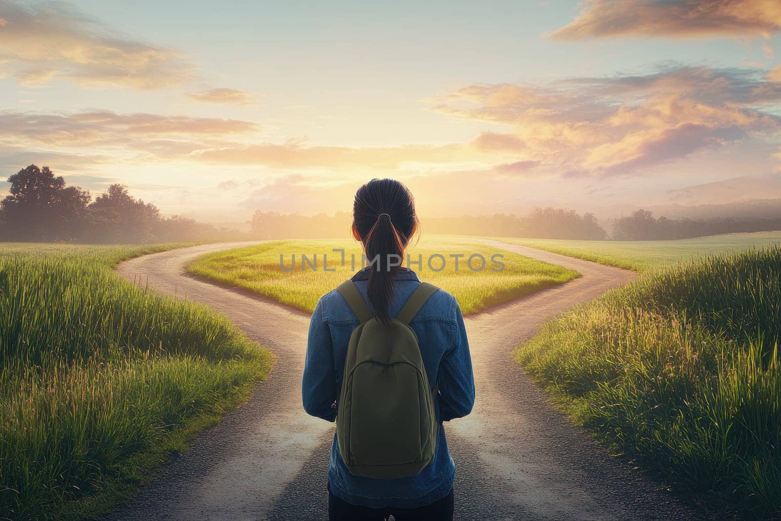 A woman stands at a scenic crossroad during sunrise, surrounded by lush green fields. This captivating moment depicts choice and exploration, inviting introspection.