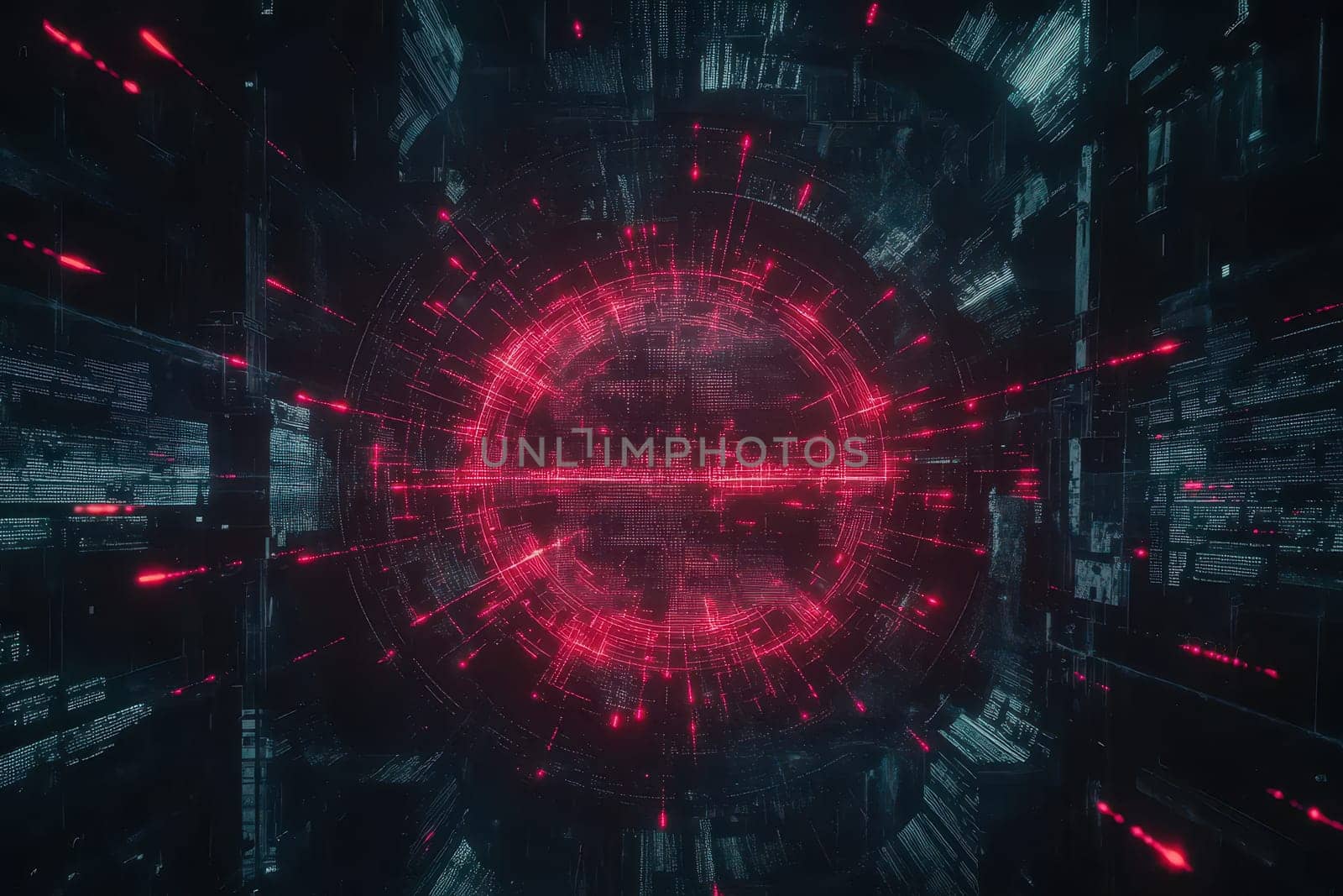 This abstract image features a dynamic representation of data flow with red neon elements against a futuristic background. Perfect for technology themes.