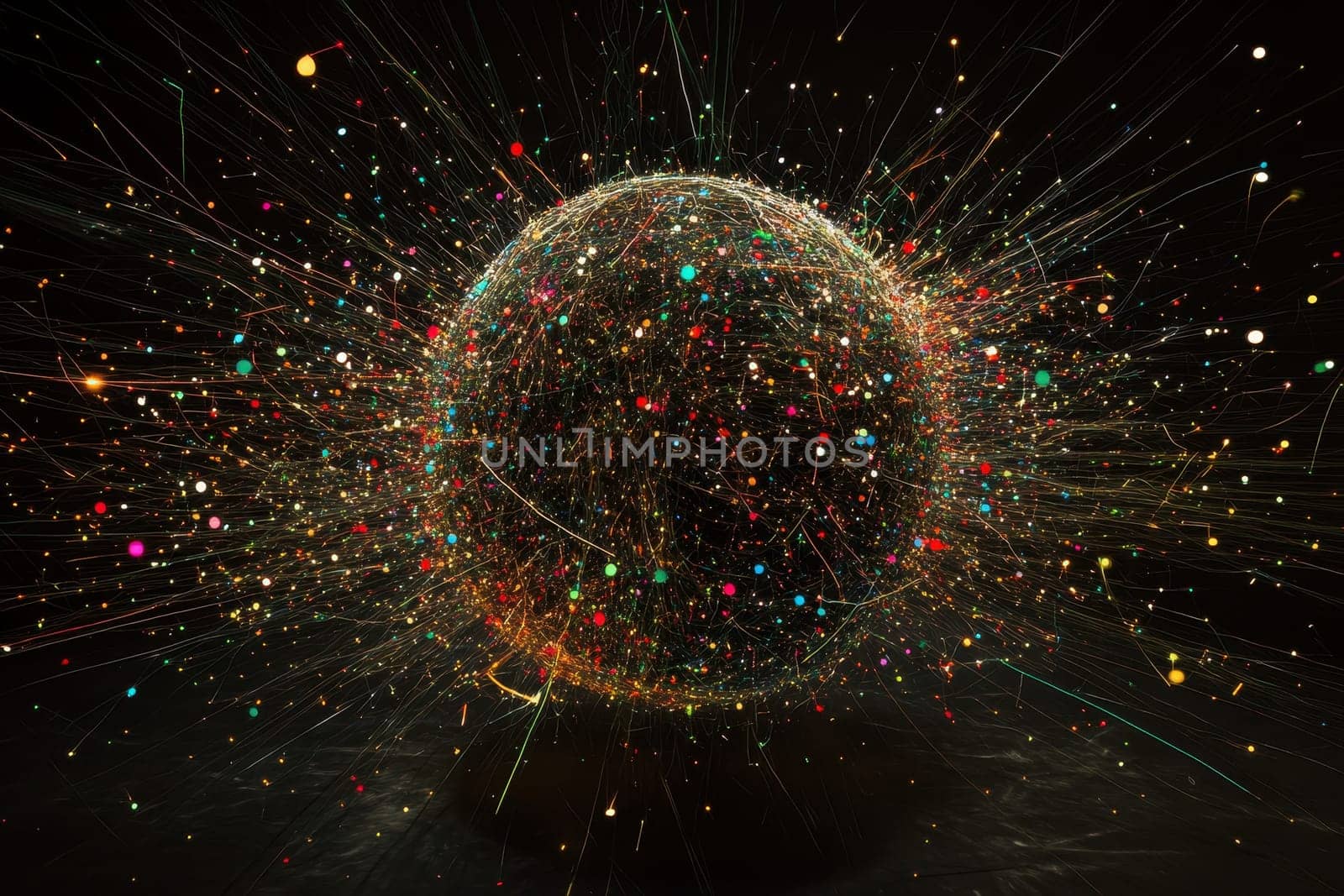 A stunning abstract image featuring a colorful sphere surrounded by radiant particles, illustrating motion and energy in a captivating design.