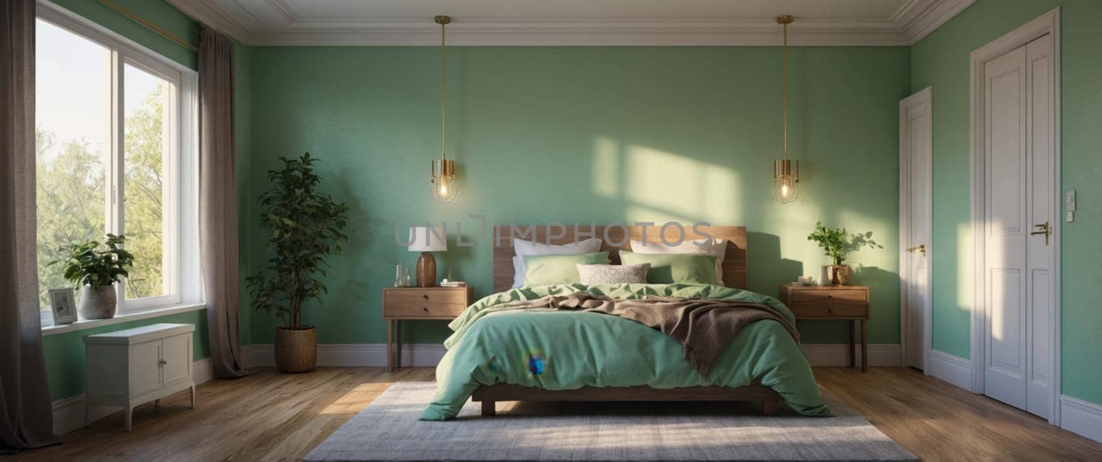 This classic bedroom showcases soothing green walls that provide a serene backdrop. A spacious window allows natural light to flood the room, while the cozy bed invites relaxation and restful sleep.