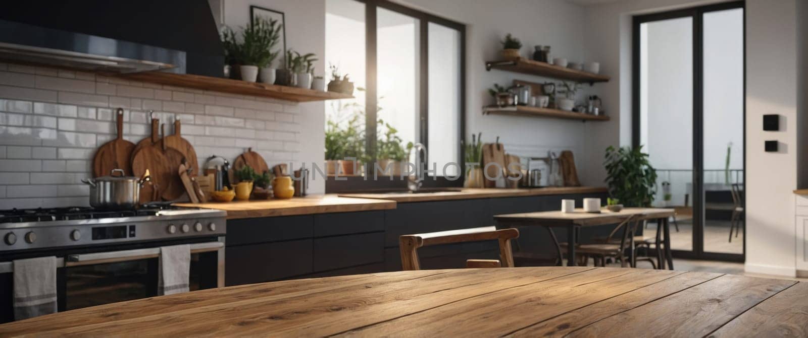 This image showcases a rustic kitchen with wooden furniture, cabinets, and shelves, featuring kitchen utensils and plants, creating a warm and inviting atmosphere ideal for home decor.