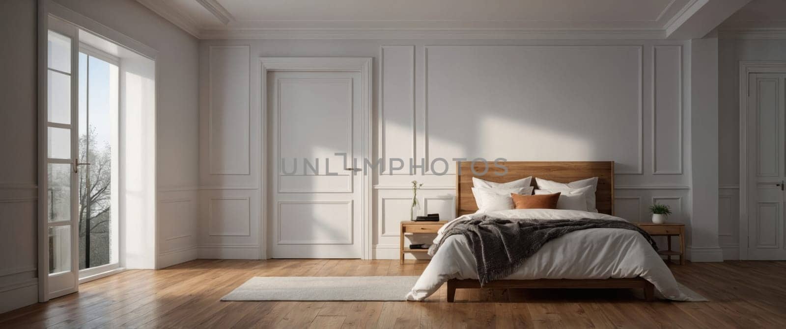 The bedroom is furnished with a wooden bed, a nightstand, and a dresser. The walls are white and the hardwood floor is covered with a soft area rug. The large window lets in plenty of natural light.