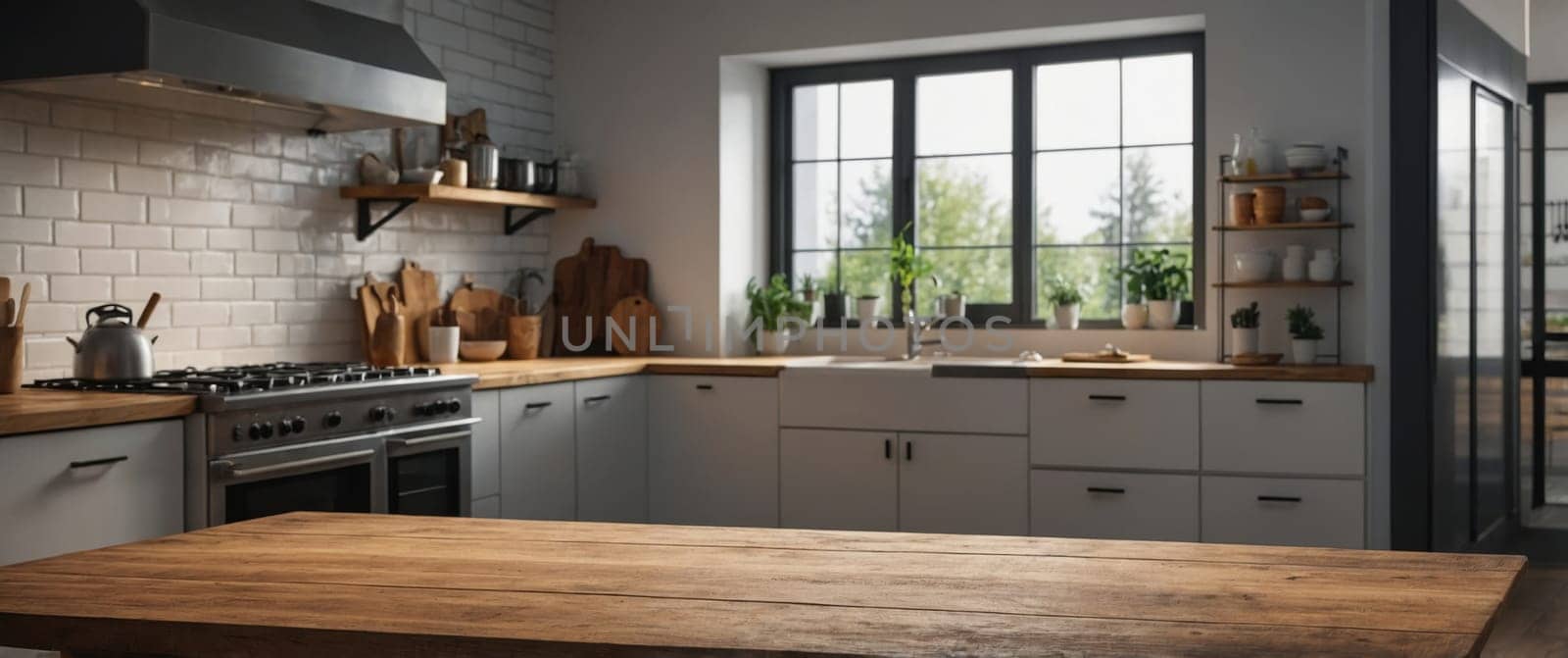 The image depicts a rustic kitchen interior featuring a large wooden table in the foreground. A window, gas range, and sink are visible. The white walls and light wood floors enhance the ambiance.