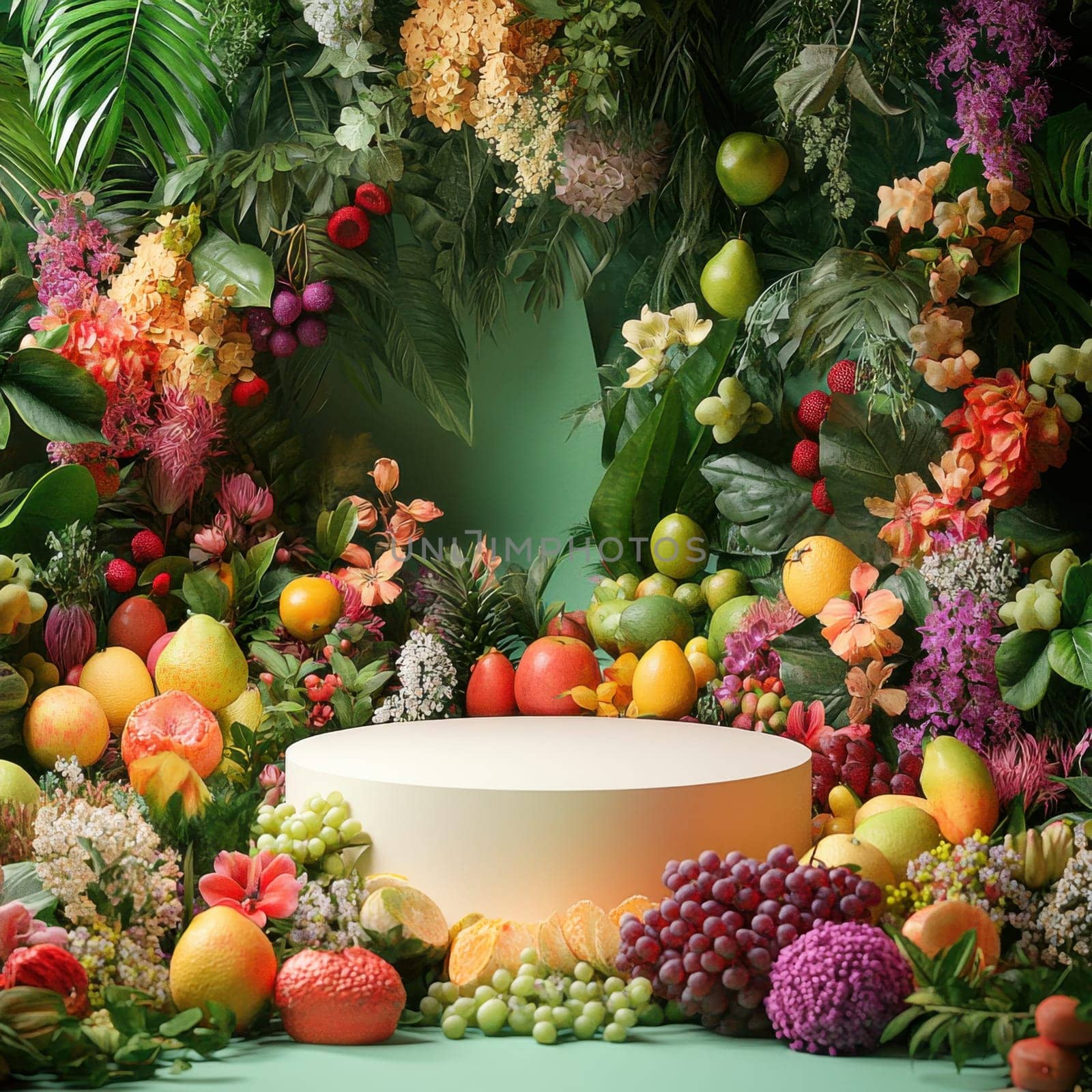 A stunning showcase of colorful fruits and flowers celebrating nature's bounty at a botanical exhibition.
