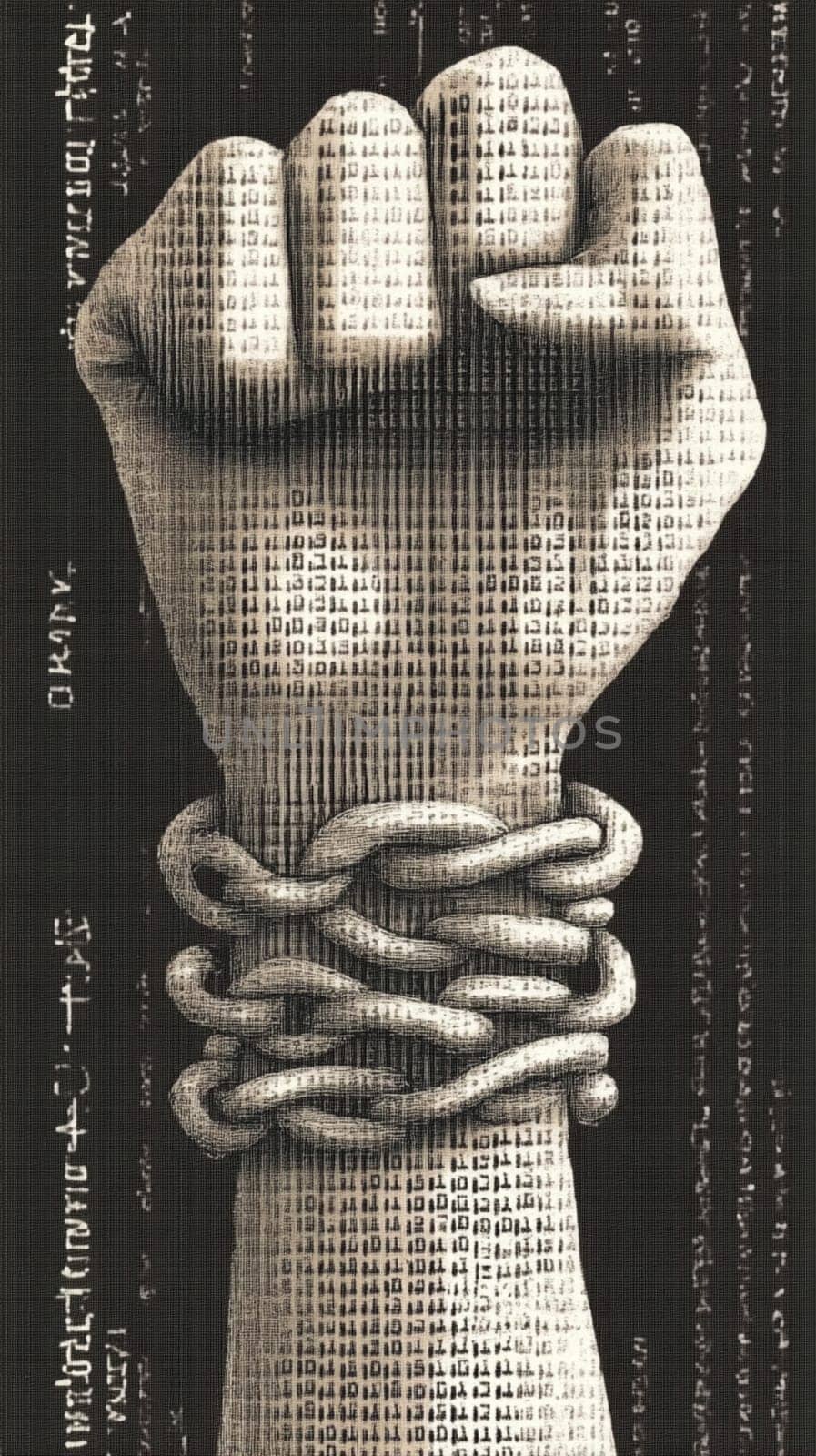 Powerful fist, adorned with intricate patterns, is breaking free from heavy chains, symbolizing the struggle for freedom and equality