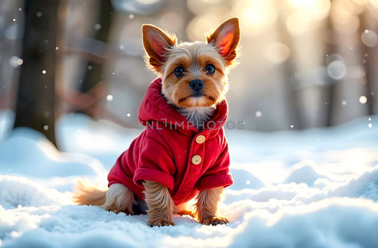 A small dog wearing a cozy red coat sits in the snow, surrounded by trees, enjoying the winter afternoon light.