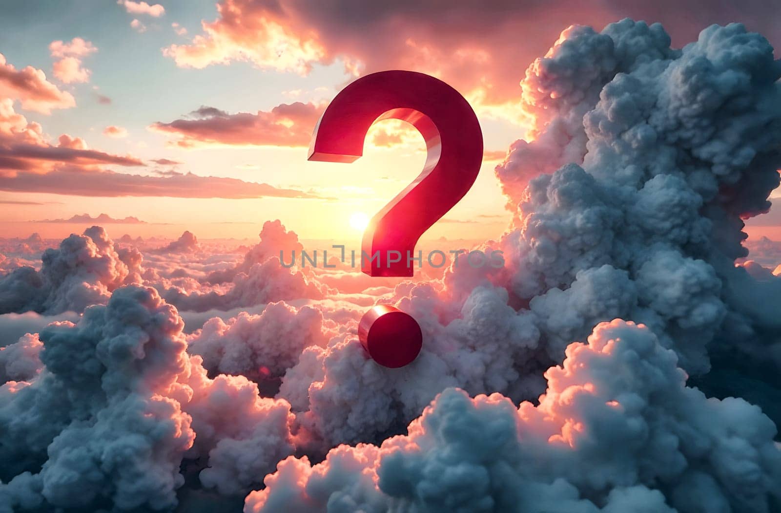 Bright sunset illuminates fluffy clouds while a large question mark floats above, inviting curiosity and wonder.
