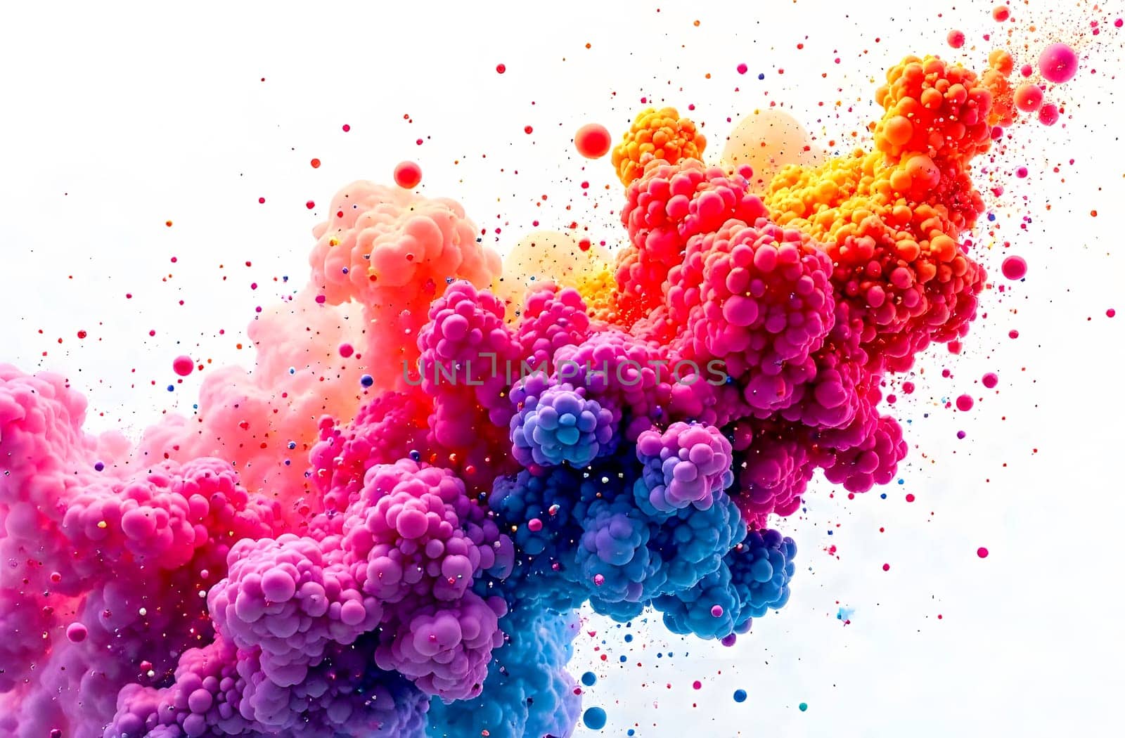 A dynamic explosion of colorful smoke in shades of pink, purple, and orange creates a lively backdrop for text or graphics.