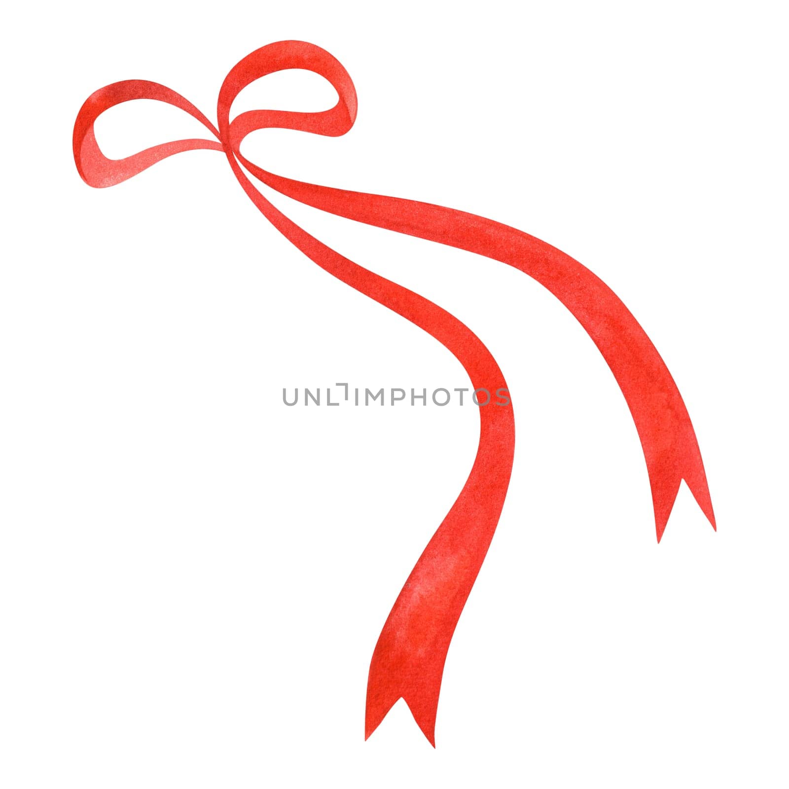 Red bow made of narrow ribbon for decorating bouquets, bottles or clothes. Isolated watercolor illustration for postcard. Clipart