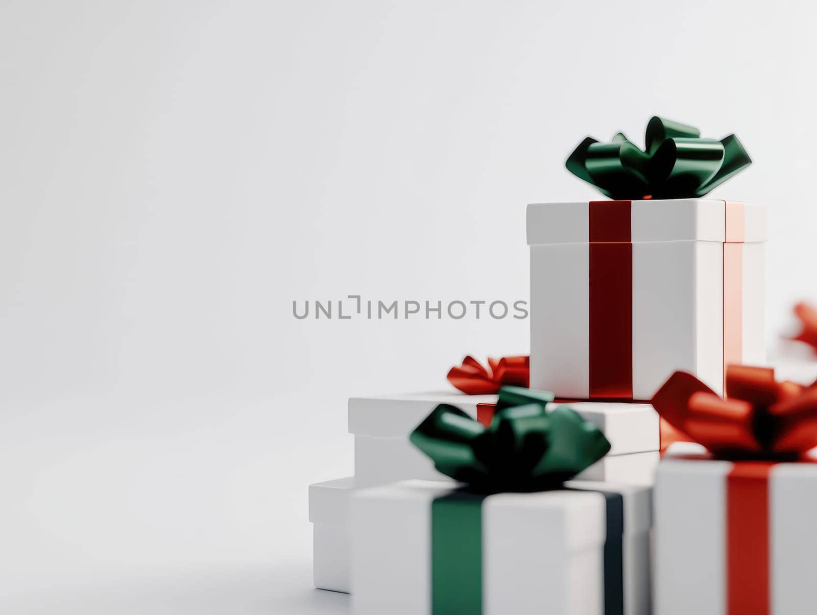Elegant Christmas gift stack with white wrapping and festive ribbon decor.