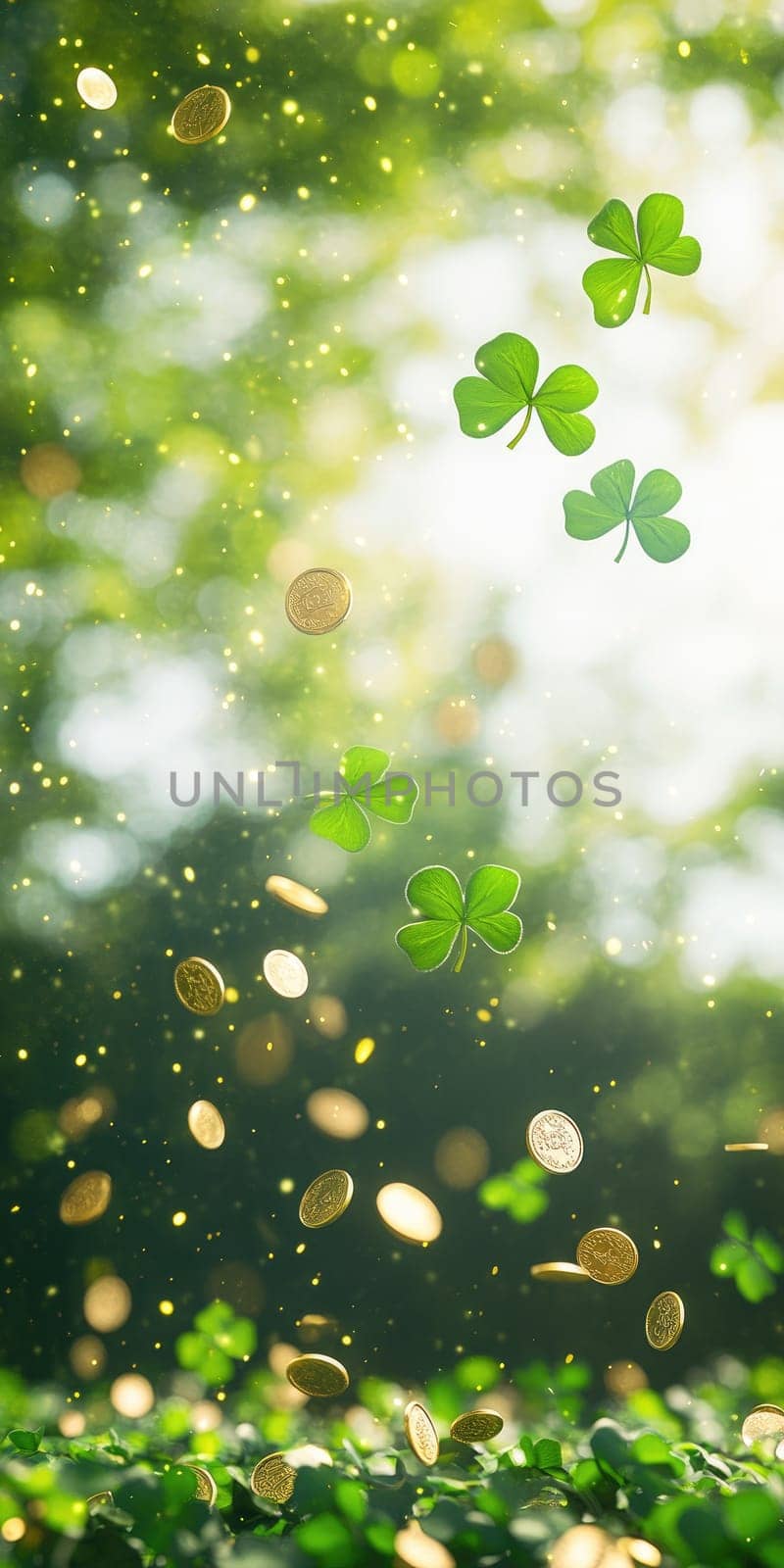 Lucky green shamrocks and coins fall against a soft green gradient background.