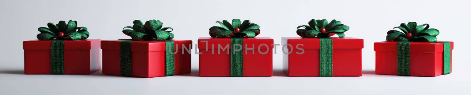 Festive arrangement of red gift boxes with green ribbons for holiday celebrations.