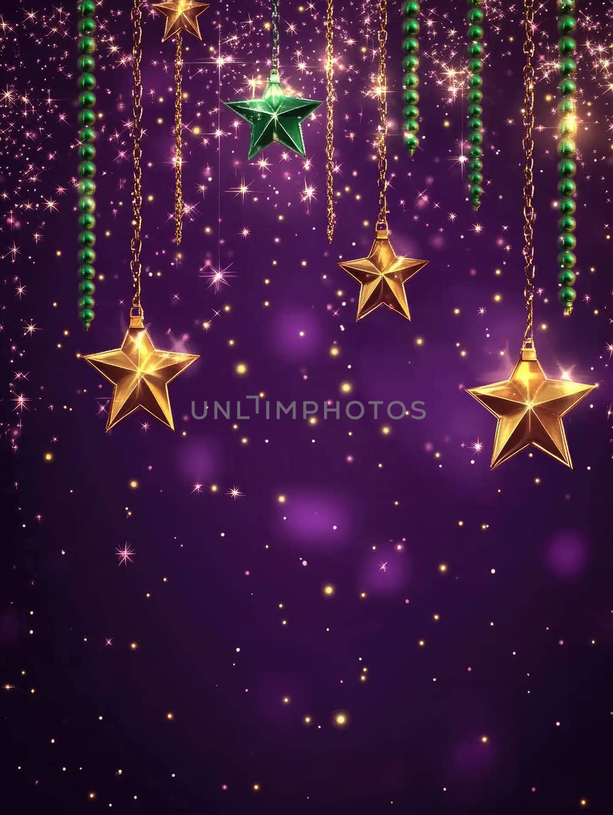 Festive minimalistic purple background with golden stars and glittering for holiday Mardi Gras.