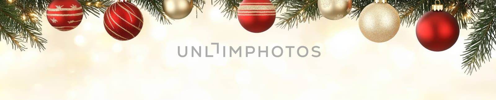 Festive Christmas tree ornaments with shiny red and gold baubles for holiday decor.