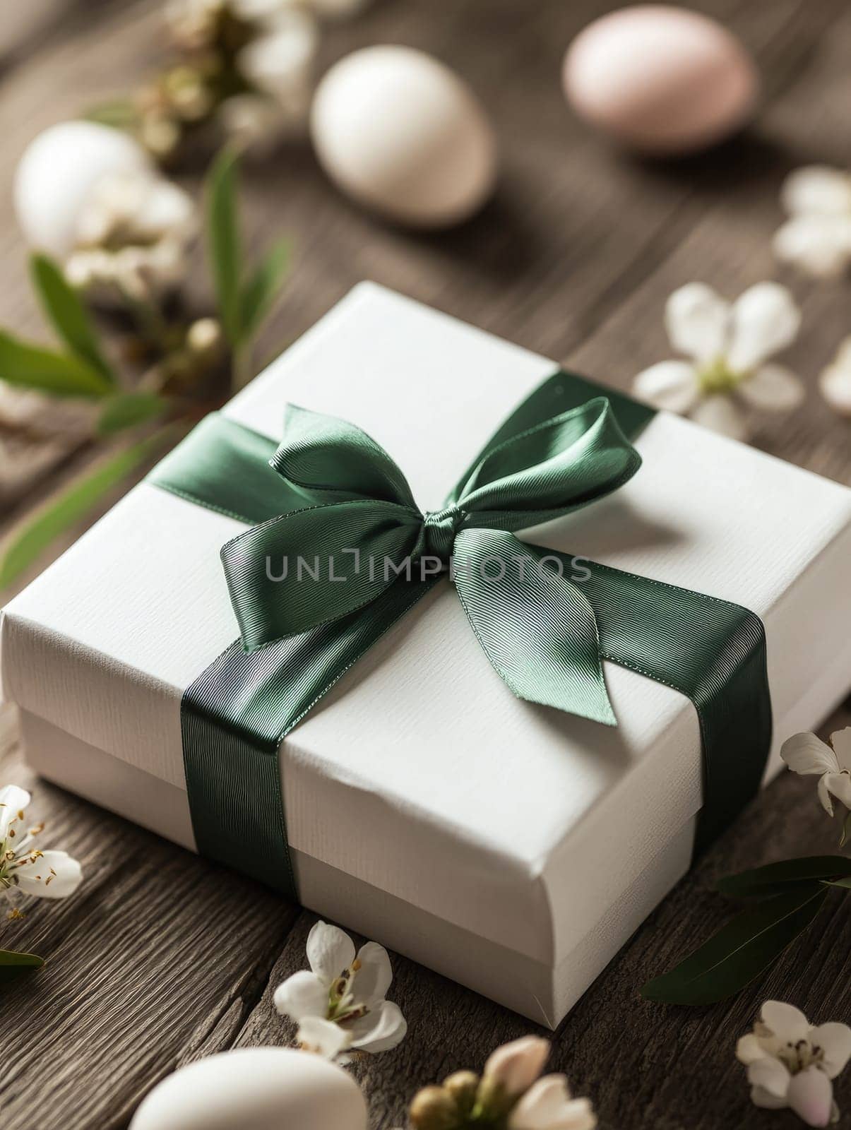 Elegant gift box with green satin ribbon and Easter eggs on wooden table for celebrations and gift ideas.