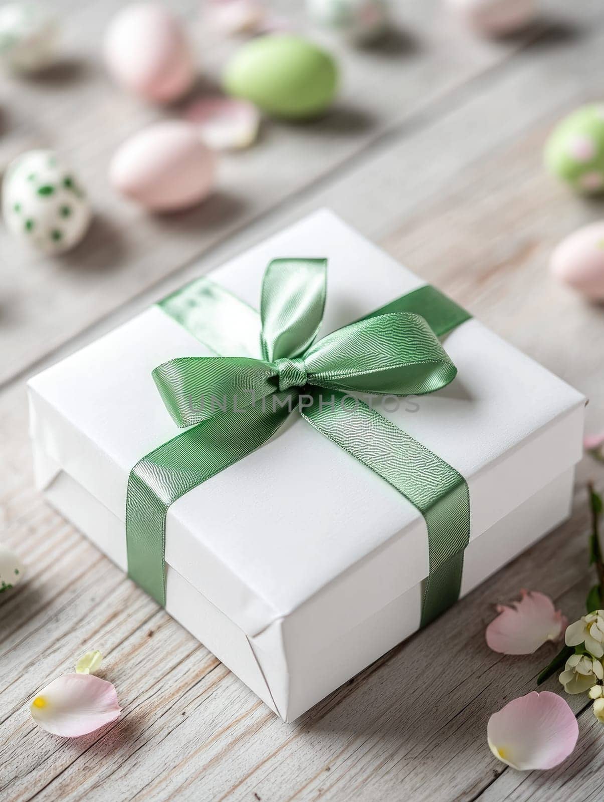 Elegant minimalist gift box with green satin ribbon for special occasions and celebrations.