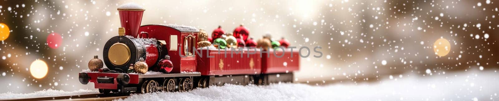 Festive red Christmas train toy carrying gifts with holiday decorations and snow.