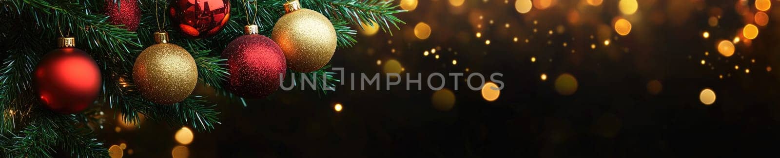 Festive Christmas tree ornaments with shiny red and gold baubles for holiday decor and celebration.