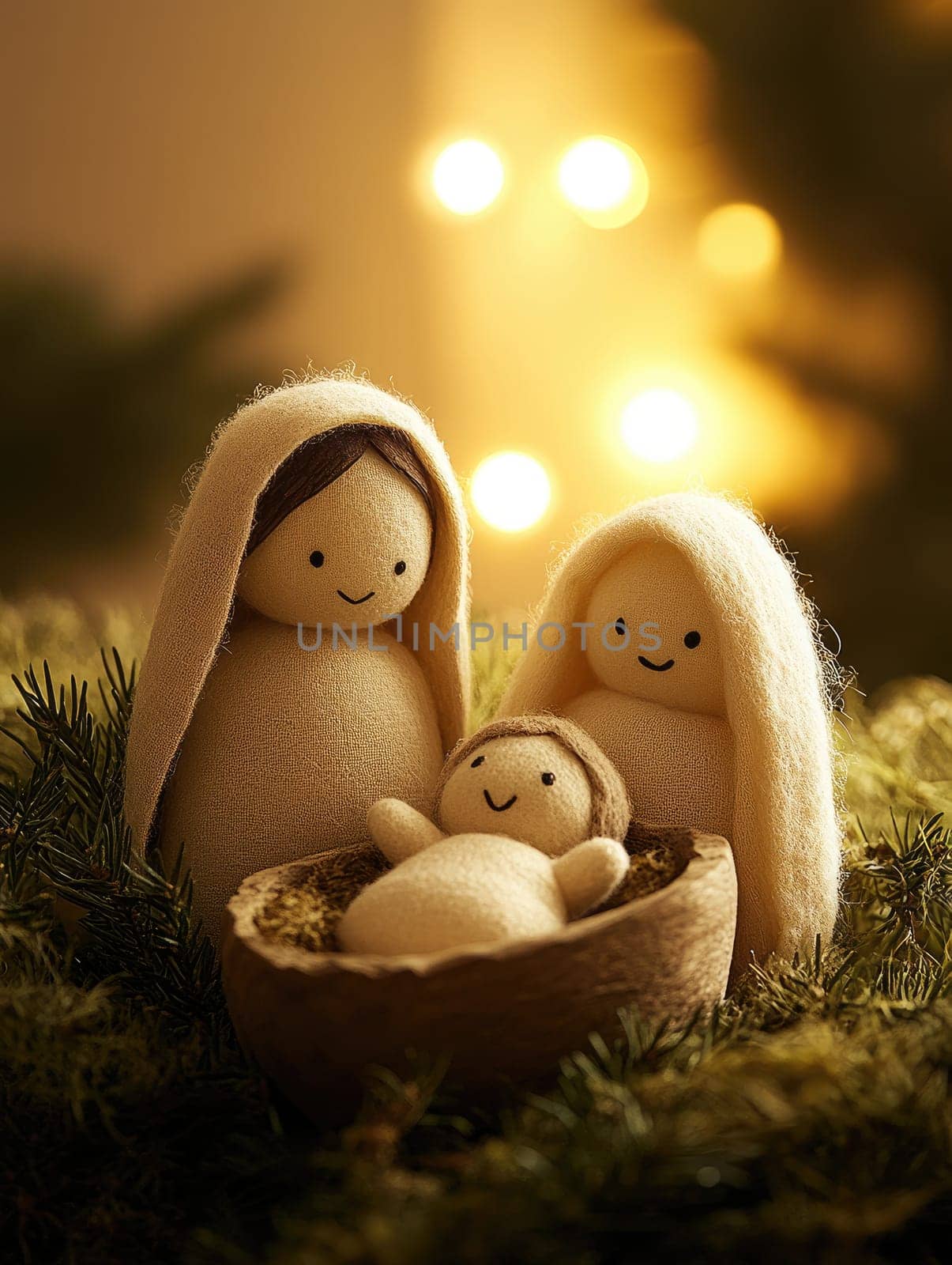 Cozy nativity scene with soft wooden toys depicting traditional Christmas story.