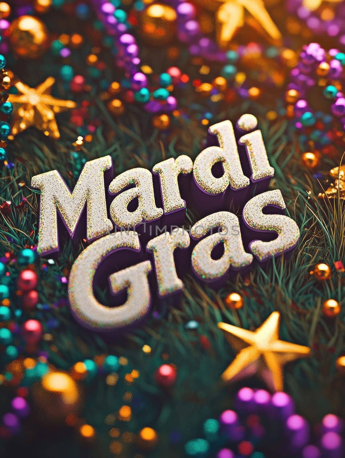 Festive Mardi Gras celebration background with dark green base and colorful beads.