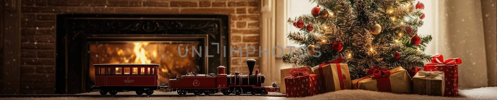 Cozy Christmas setting with toy train and decorated tree by the fireplace.