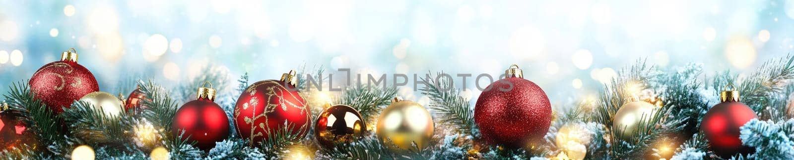 Festive Christmas tree ornaments with shiny red and gold baubles in snowy setting.