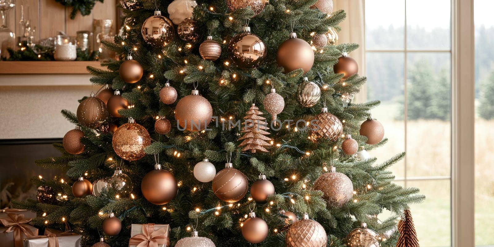 Beautifully decorated Christmas tree with glittering ornaments in cozy living room setting.
