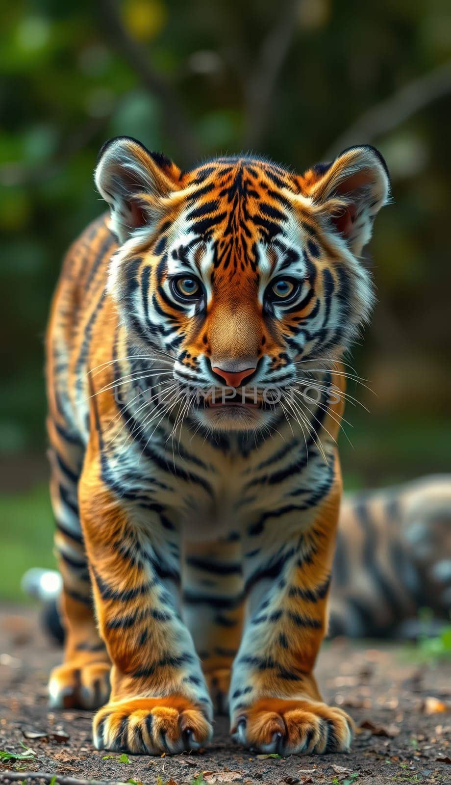 A young tiger walks confidently on a forest floor, its vibrant fur glistening in the daylight. The background features blurred vegetation, creating a serene yet wild atmosphere.