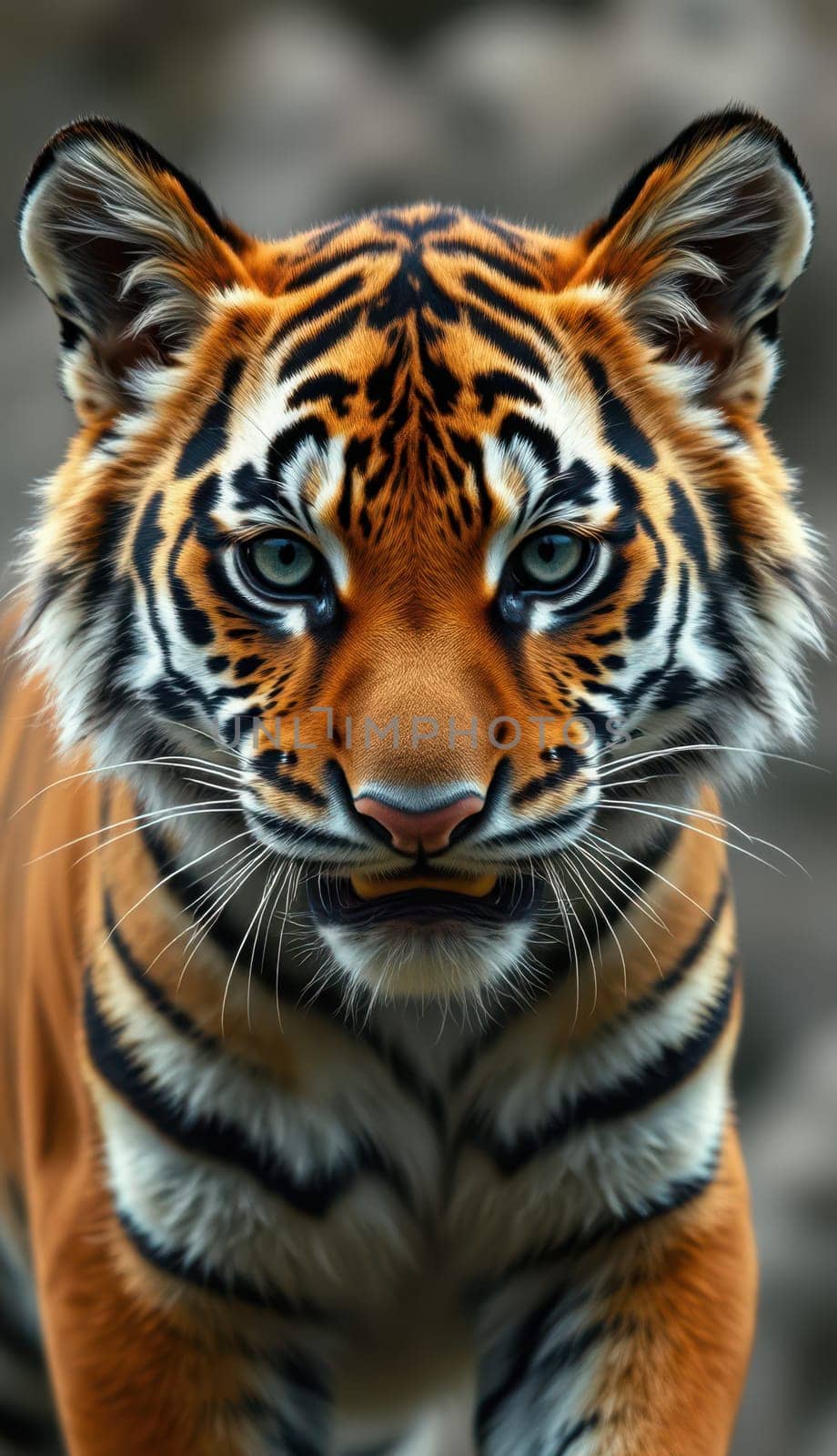 A powerful tiger stands confidently, displaying its vibrant orange and black striped fur while looking intently into the camera. The wild setting emphasizes its beauty.