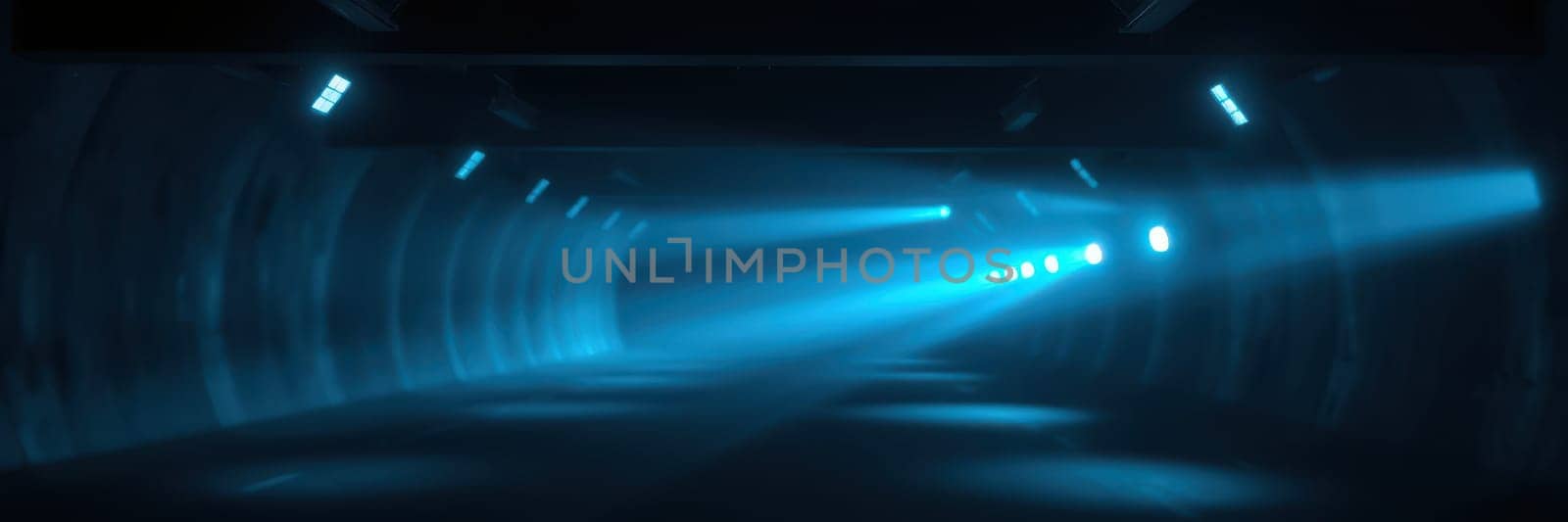 Soft blue beams of light stretch through a dimly lit corridor, revealing smooth surfaces and creating an eerie mood in an underground location during nighttime.