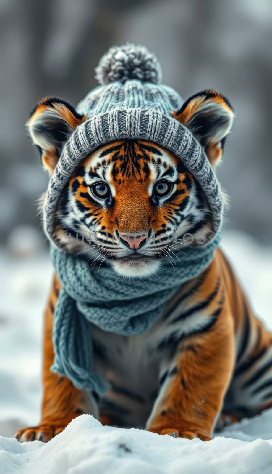A young tiger sits in a snowy setting, adorably dressed in a knitted hat and scarf. The soft snowfall contrasts with its vibrant fur, highlighting its playful expression.