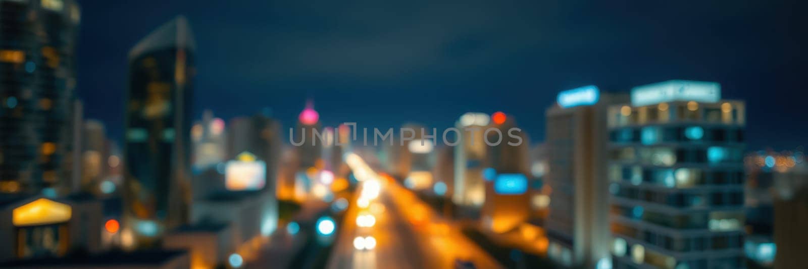 A vibrant city skyline comes alive at night with blurred lights from buildings and streets. The glowing lights create a lively urban atmosphere filled with activity and energy.